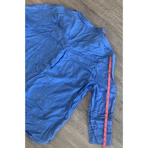 Saint Tropez West Linen Blend Button Up Top Woman Sz XL Blue Long Sleeve Collar - Picture 3 of 6